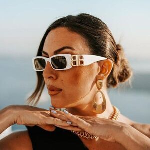 NEW Balenciaga BB0096S 011 White Gold Logo Grey Rectangle Unisex Sunglasses